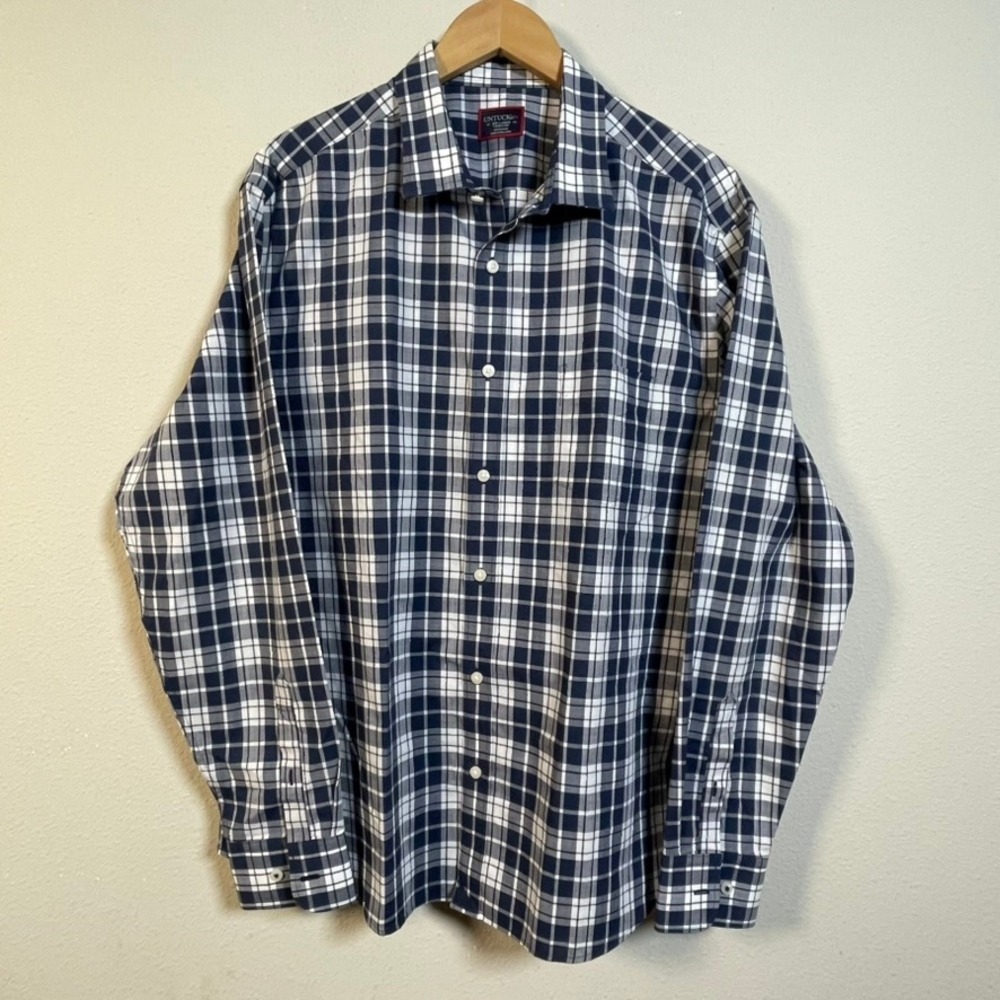 UNTUCKit Button Down Mens XXL Blue White Plaid Wrinkle Free Cotton Long Sleeve
